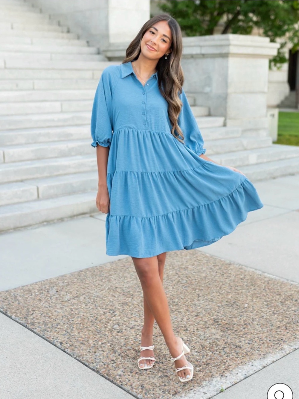 Light Blue Tiered Shirt Dress - Womens Casual Collared Dress